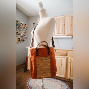 Women’s waxed canvas and cork fabric crossbody tote bag